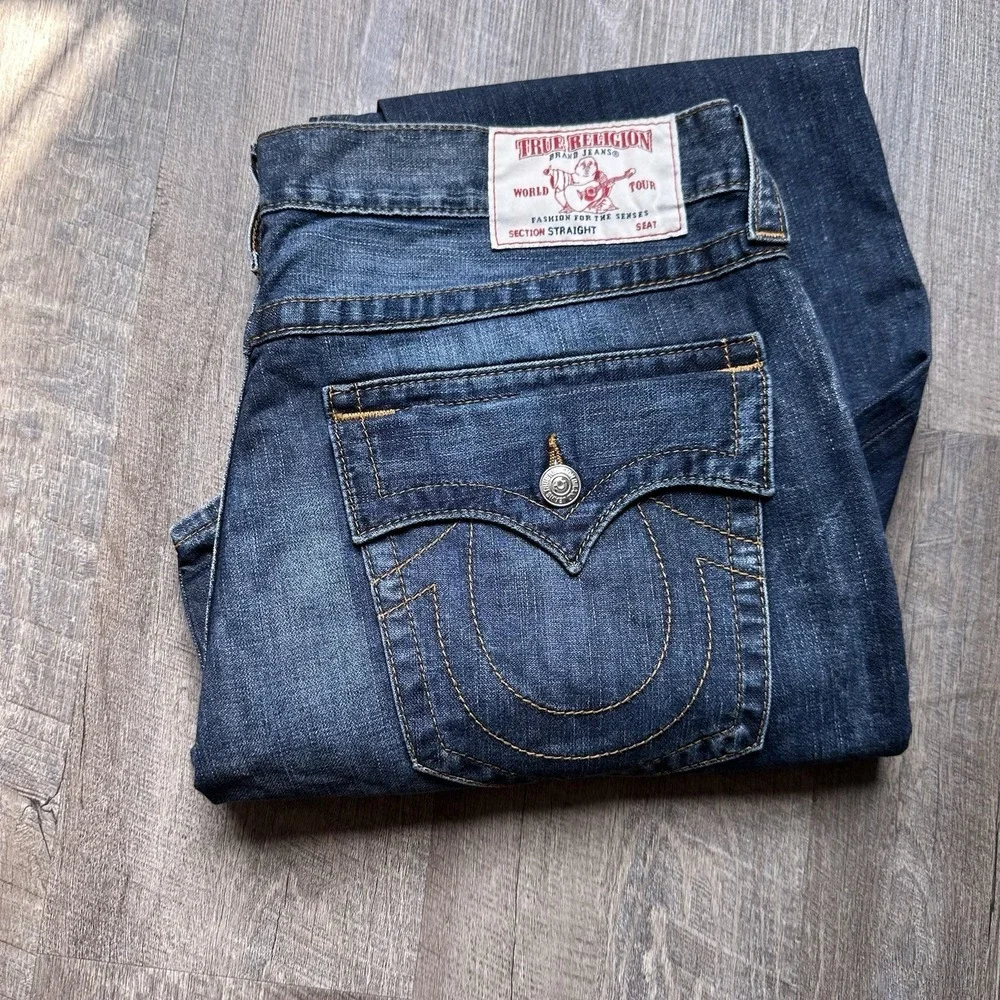 True Religion Men's 38 Blue Super‎ T Flap Jeans Mb3 Thick Stitch Semetary Keef
